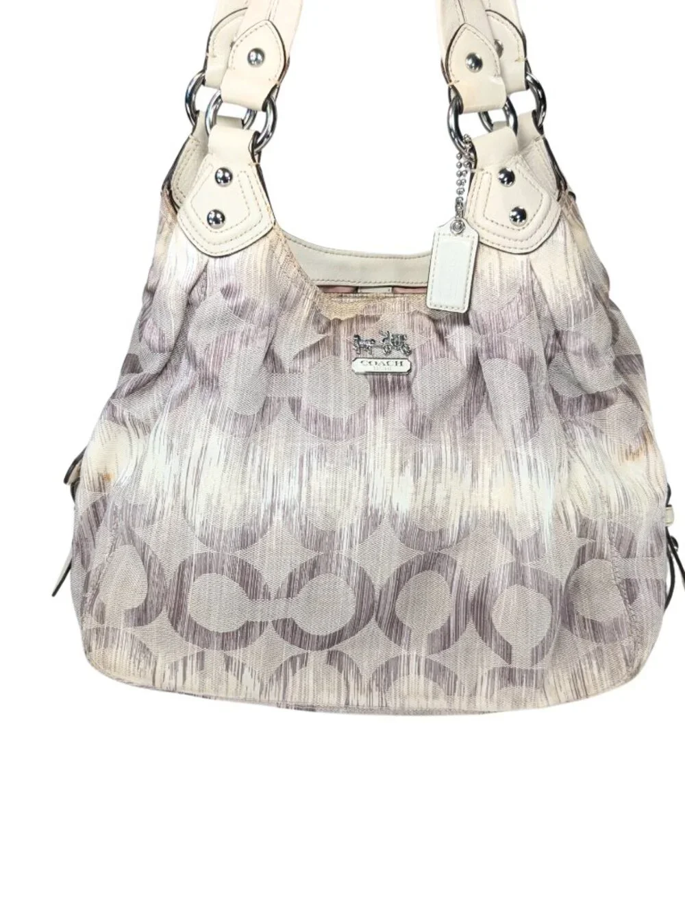 Coach Madison Op Art Ikat Maggie Ivory Gray Jacquard Leather Shoulder Bag READ